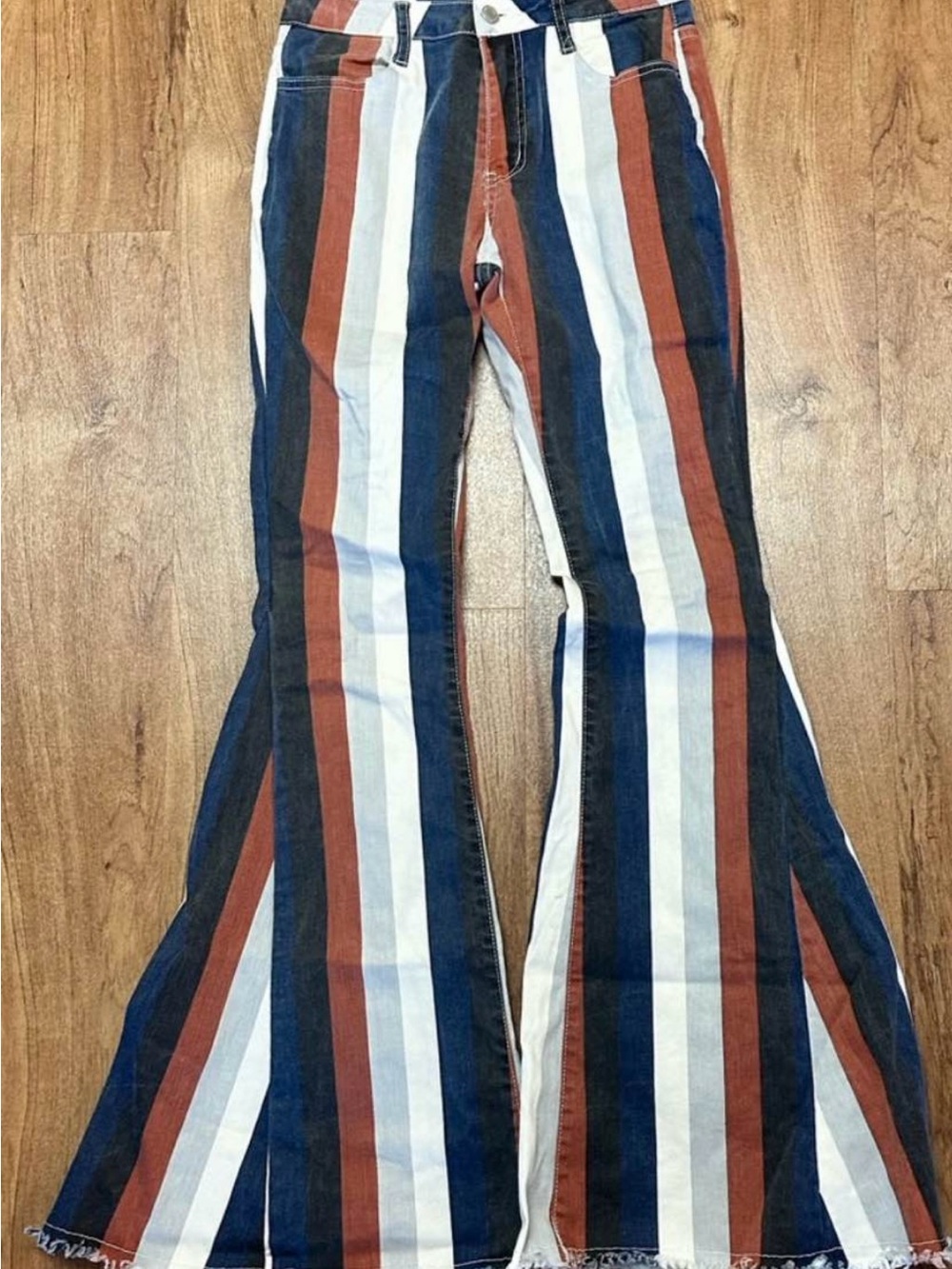 Striped Bell Bottom Jeans in Navy, Rust & White